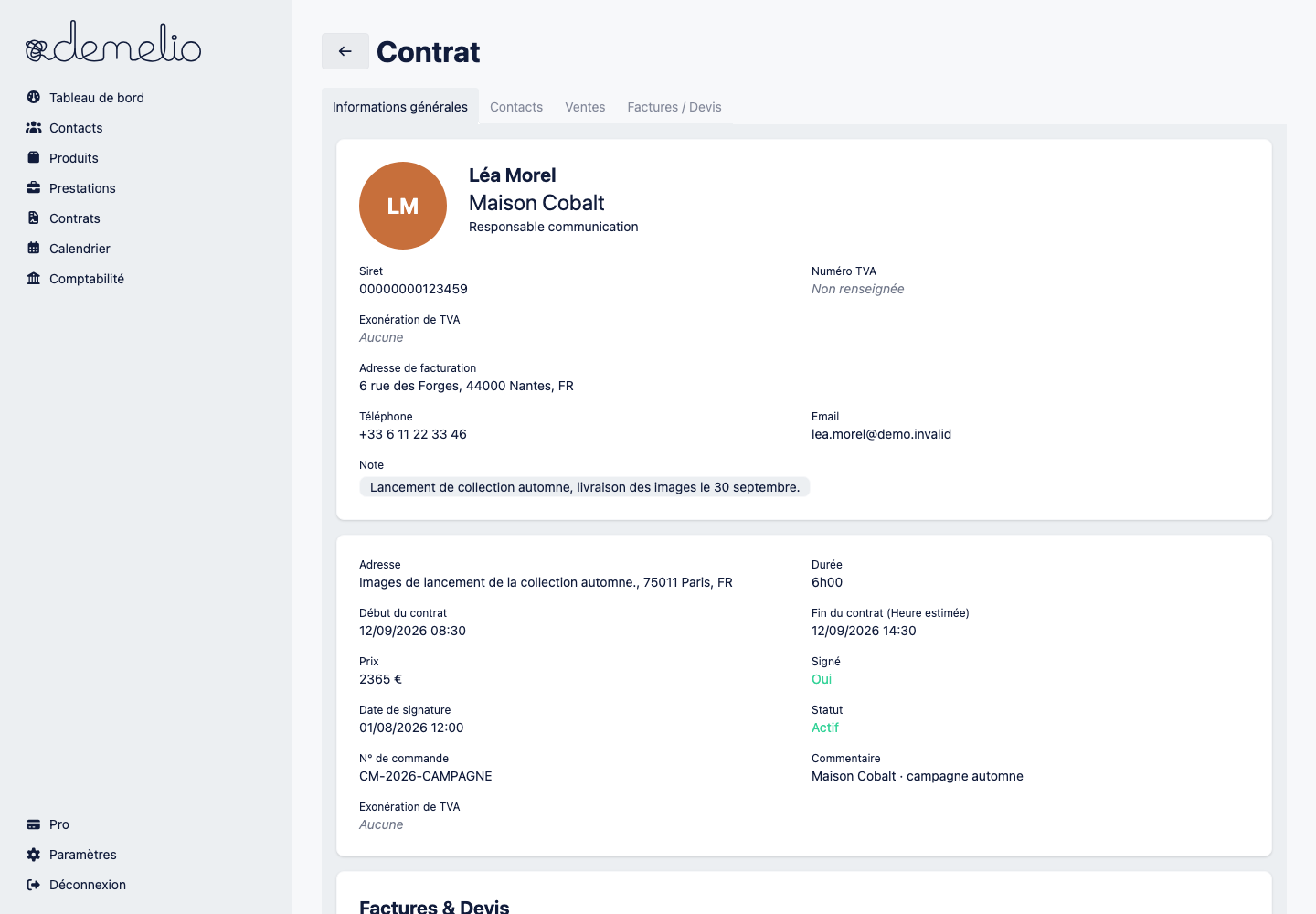 Fiche contrat Demelio avec client, prestation et informations de facturation
