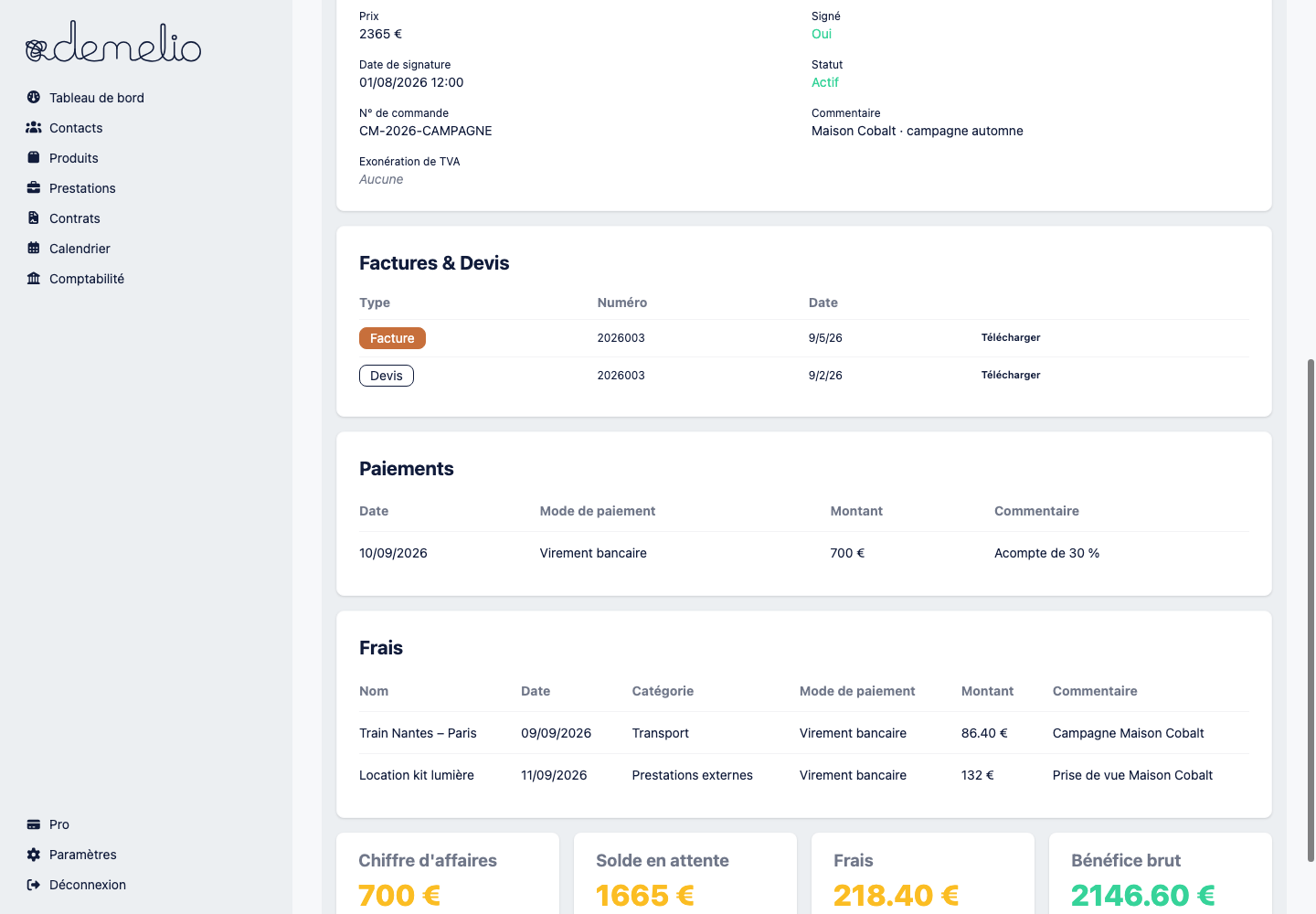 Écran paiements Demelio avec facture, paiement reçu et solde en attente